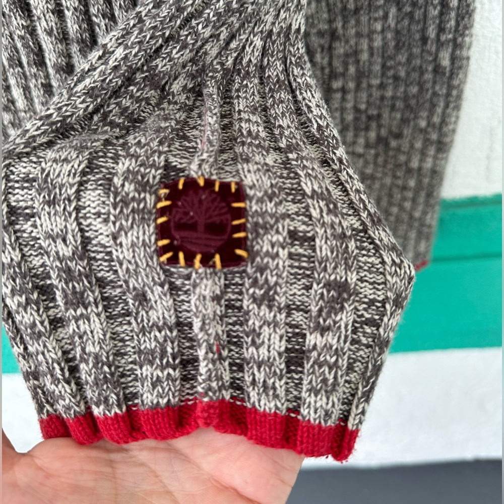 Timberland Sweater Heavy Knit Cotton Gray Marled Red Trim Ribbed Long Sleeve 3X - Picture 3 of 8